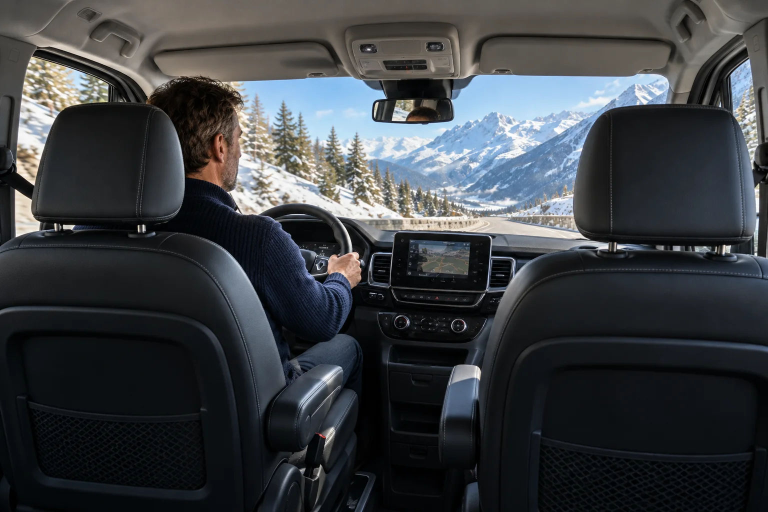 Generated design concept: view from the rear passenger cabin towards the driver and the snowy French Alps